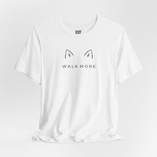 [White t-shirt with dog ears and 'WALK MORE' text
