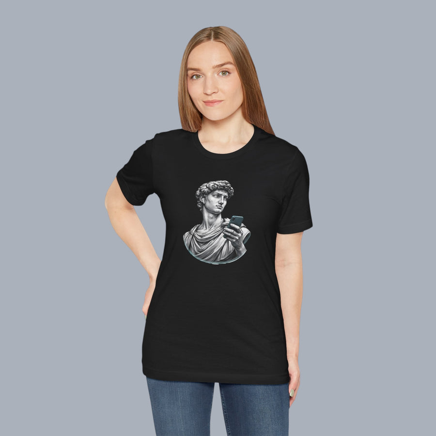 David Statue with AirPods Holding Phone T‑Shirt — Classical Art Meme Tee alternate view 11