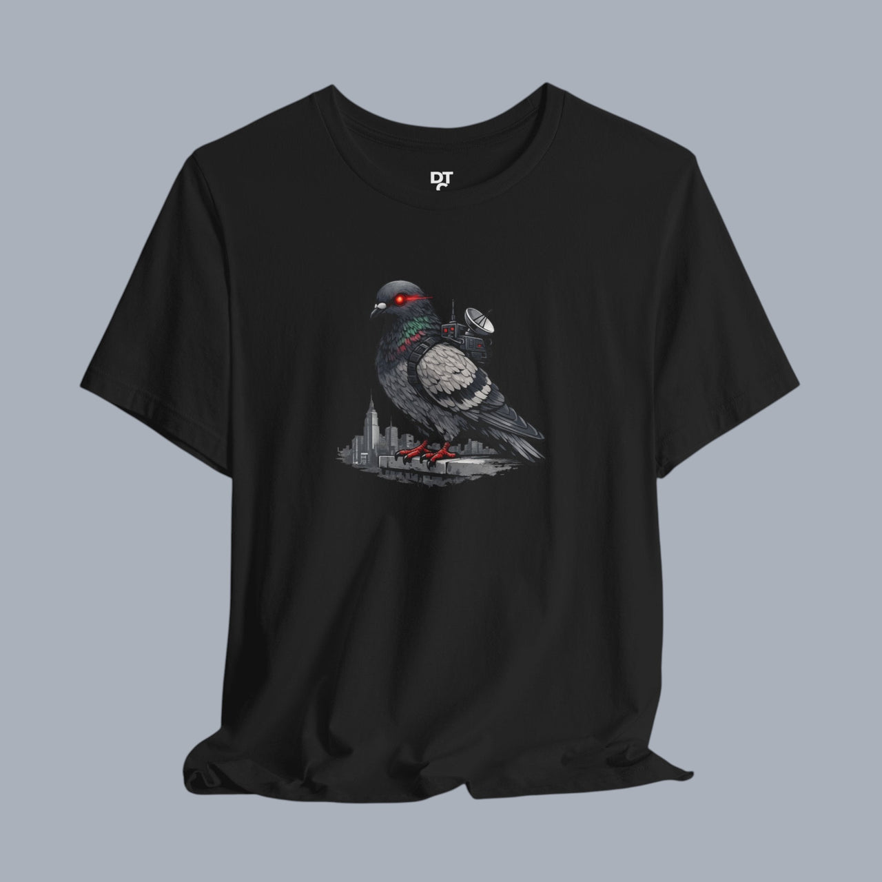 Surveillance Pigeon Cityscape Tee — Urban Bird Graphic T-Shirt product photo