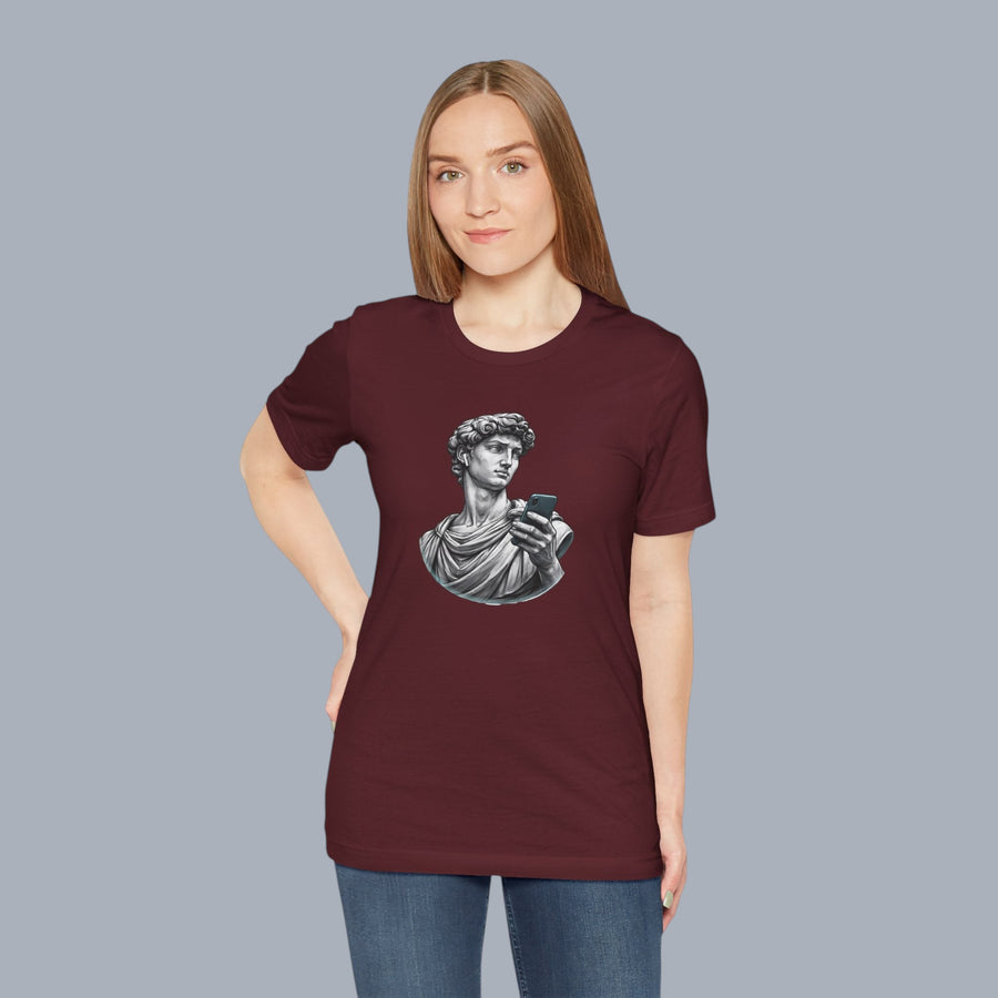 David Statue with AirPods Holding Phone T‑Shirt — Classical Art Meme Tee alternate view 19