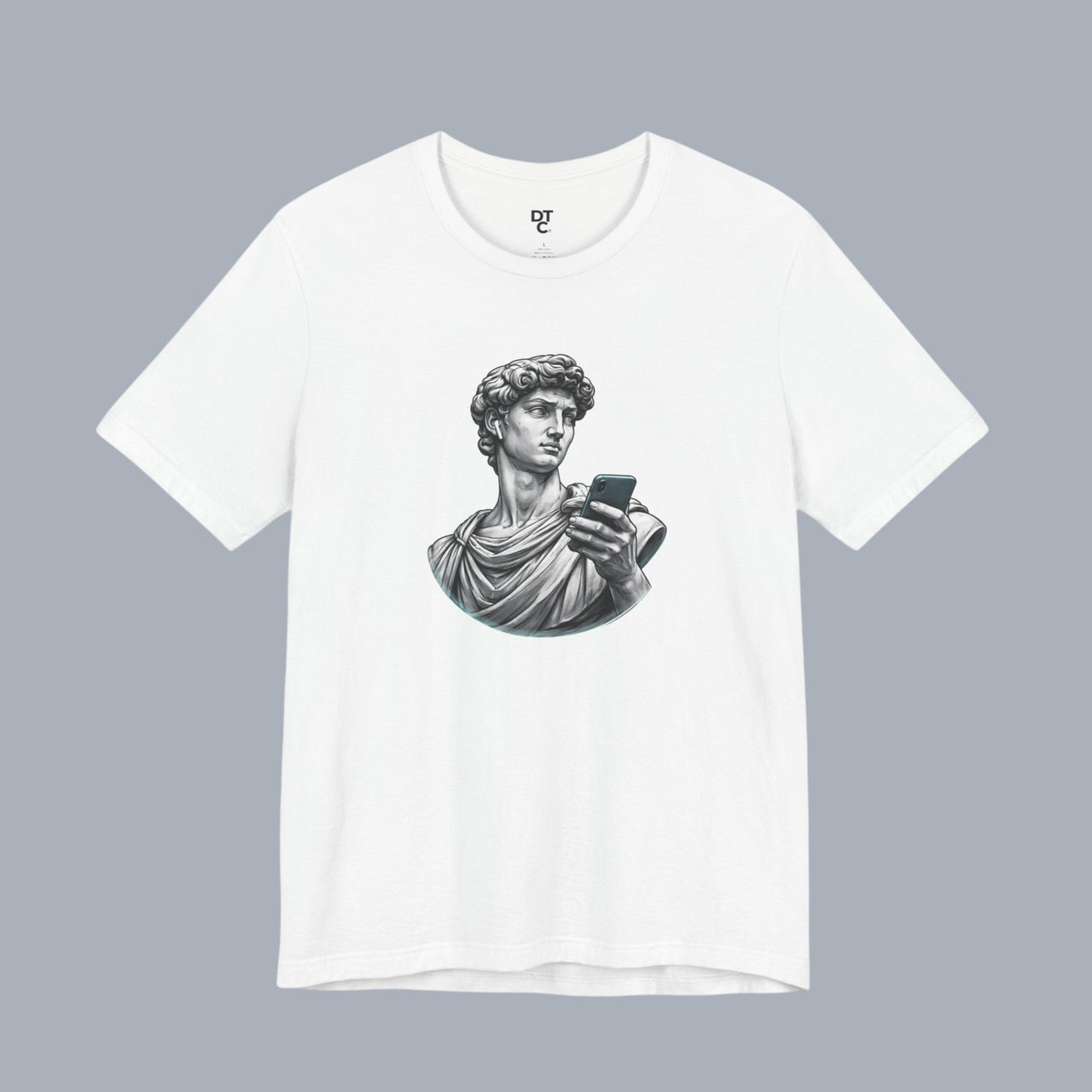 David Statue with AirPods Holding Phone T‑Shirt — Classical Art Meme Tee alternate view 9