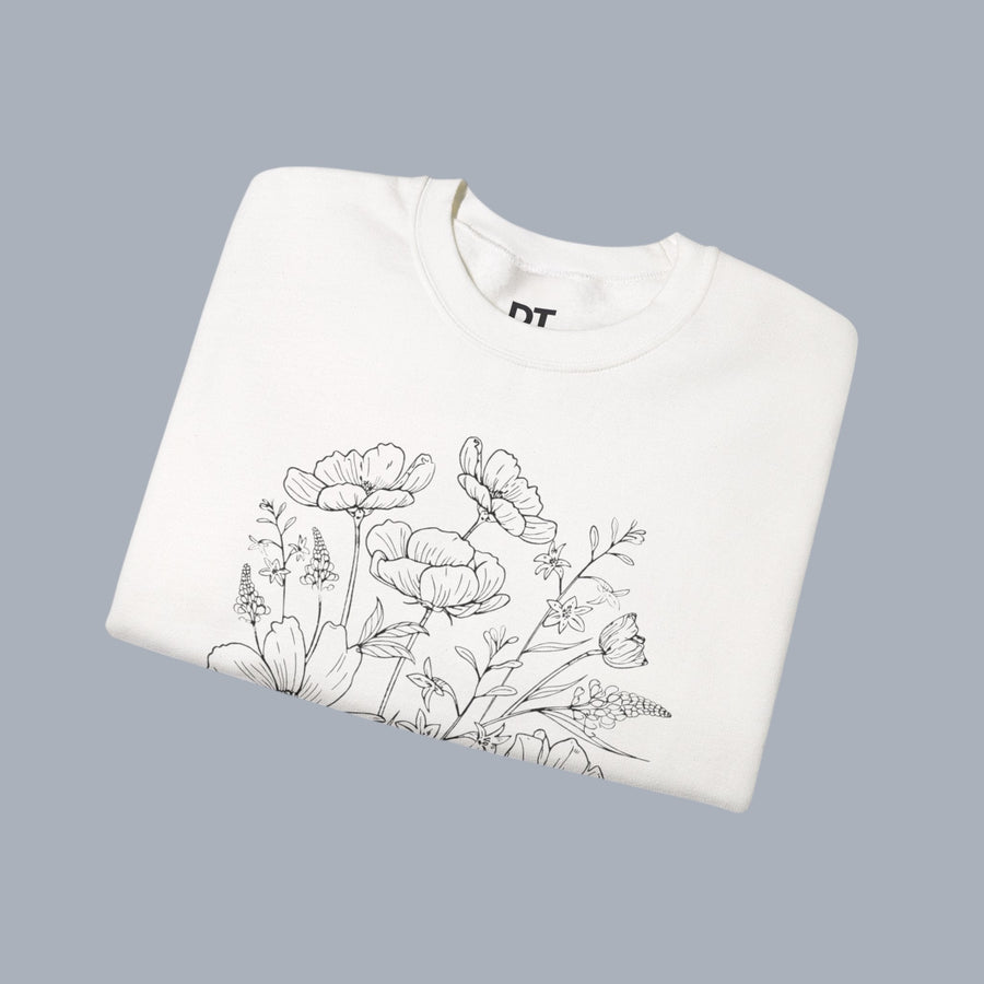 Floral Sketch Crewneck Sweatshirt — Delicate Wildflower Illustration