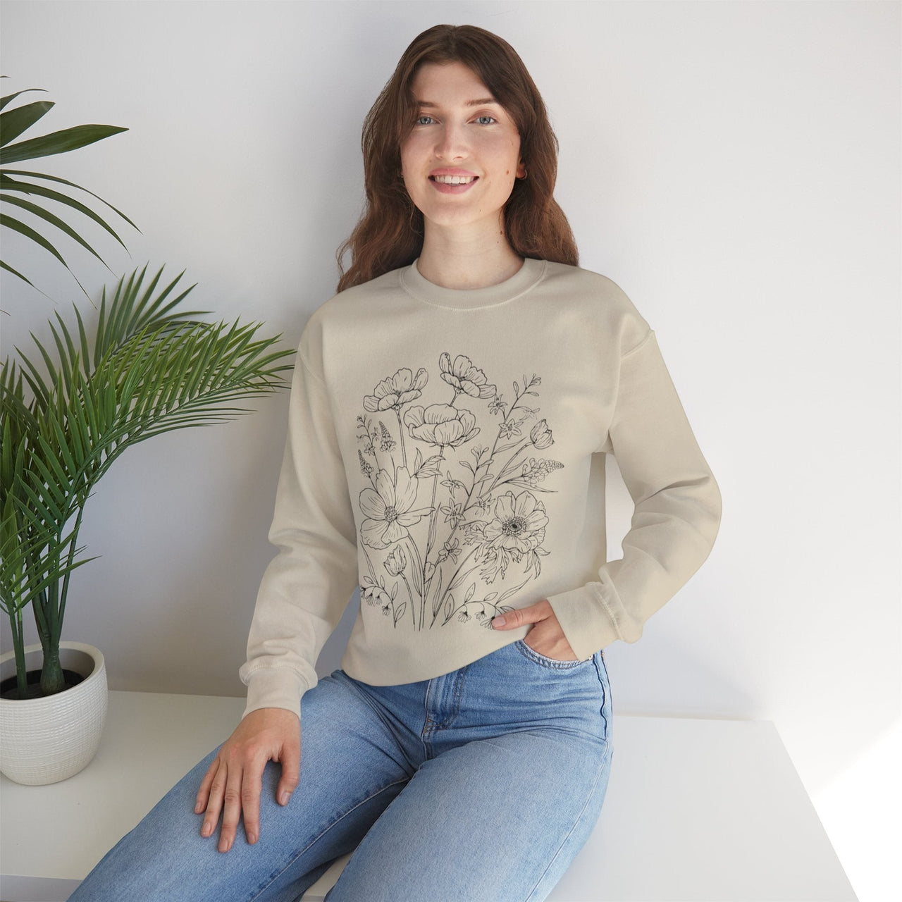 Floral Sketch Crewneck Sweatshirt — Delicate Wildflower Illustration