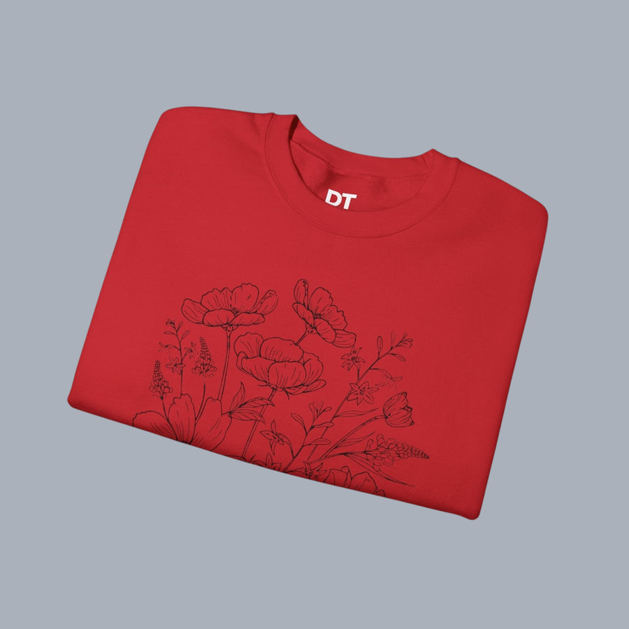 Floral Sketch Crewneck Sweatshirt — Delicate Wildflower Illustration