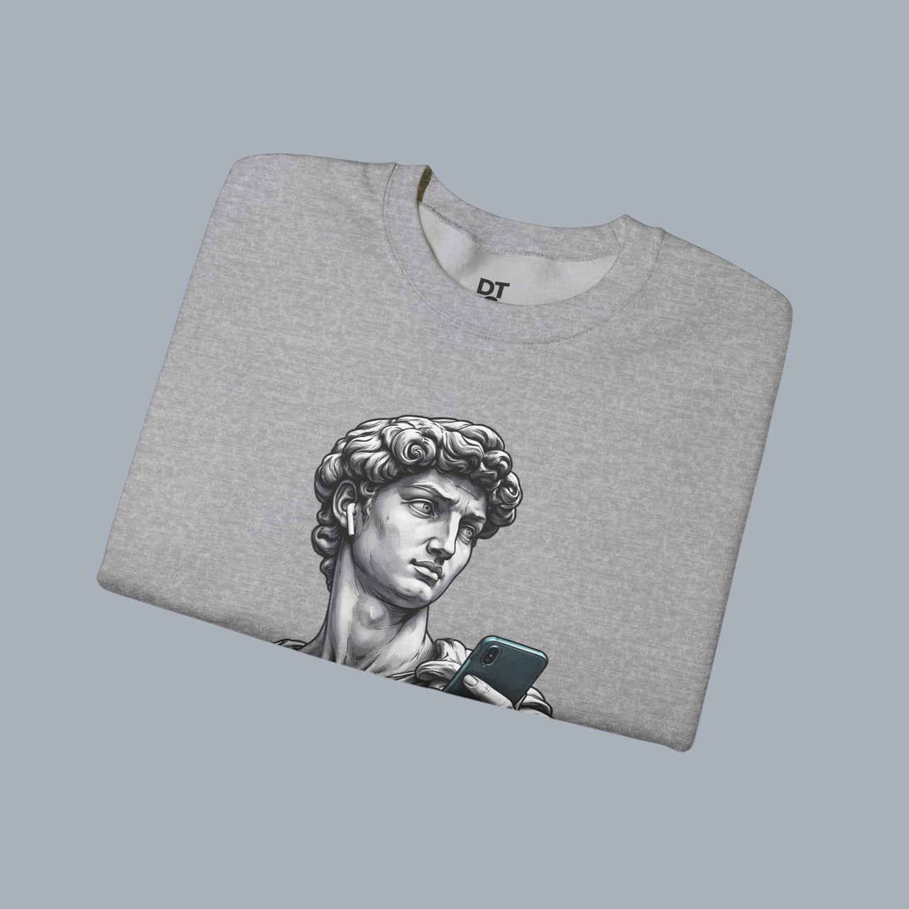 David Statue with AirPods Holding Phone Sweatshirt — Classical Art Meme Crewneck Sweatshirt alternate view 19