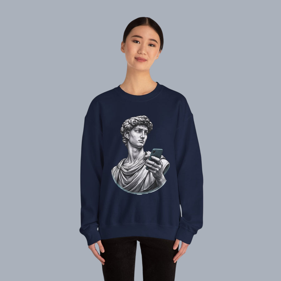 David Statue with AirPods Holding Phone Sweatshirt — Classical Art Meme Crewneck Sweatshirt alternate view 26