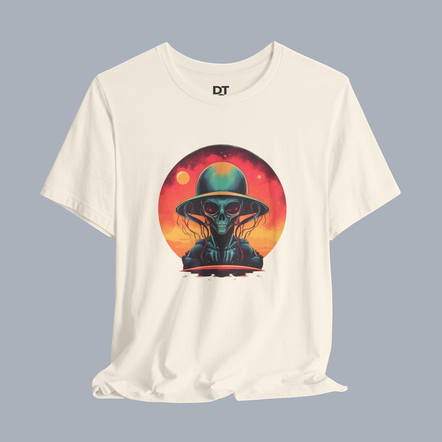 Vintage Science Fiction Alien T-Shirt — Retro Sunset UFO Skull Graphic Tee