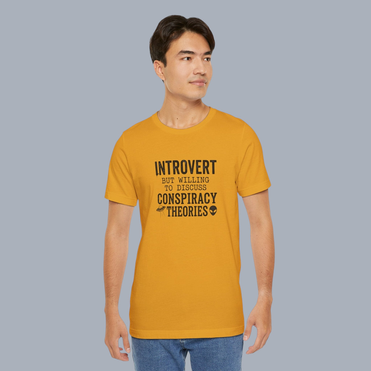 Introvert Tee — "Introvert But Willing to Discuss Conspiracy Theories" Funny Graphic T-Shirt