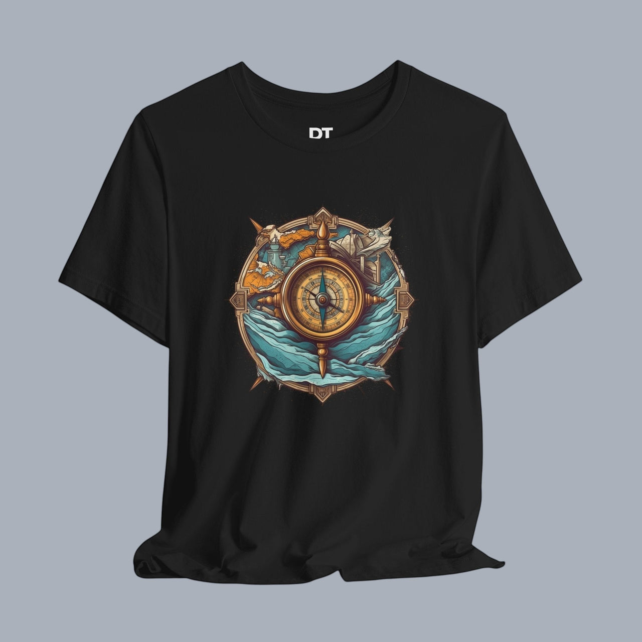 Nautical Compass Adventure T-Shirt — Vintage Ship Wheel & Ocean Waves Tee