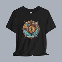 Nautical Compass Adventure T-Shirt — Vintage Ship Wheel & Ocean Waves Tee