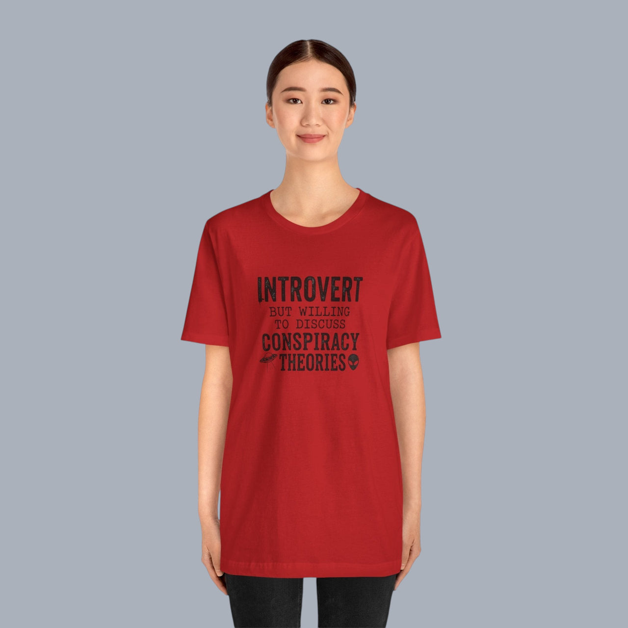 Introvert Tee — "Introvert But Willing to Discuss Conspiracy Theories" Funny Graphic T-Shirt