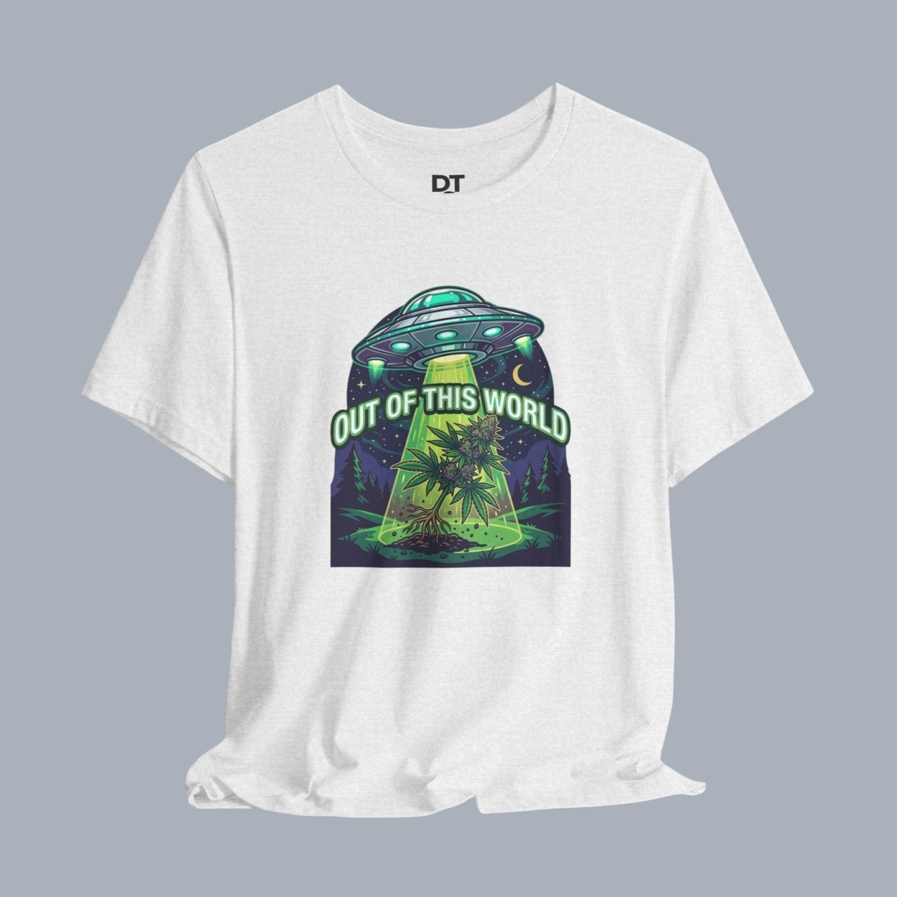 Out of This World UFO Tee — Alien Abduction Cannabis Plant Graphic T-Shirt