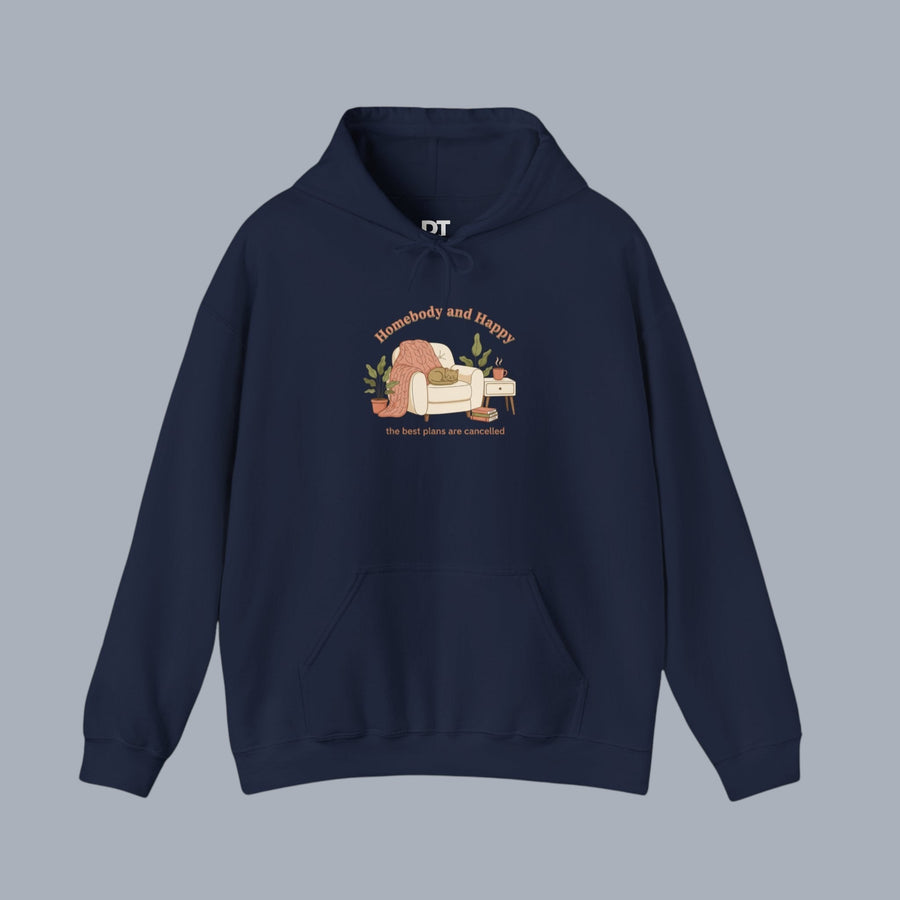 ** [Front view of navy hoodie with text "Homebody and Happy"