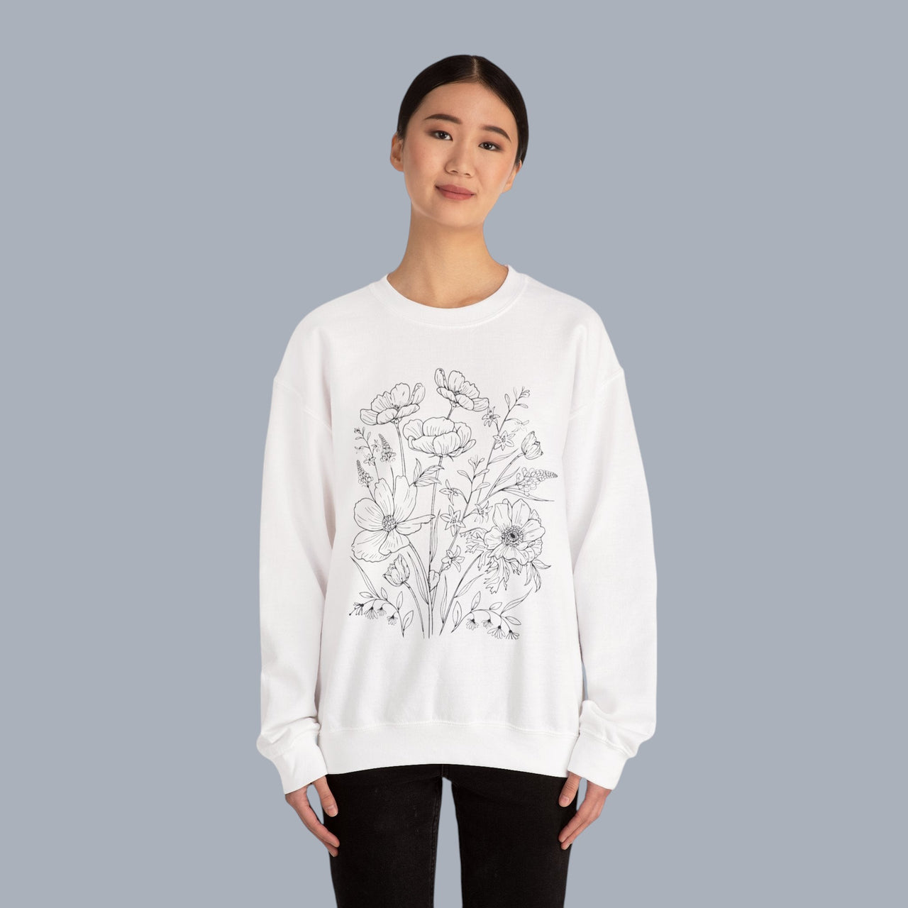 Floral Sketch Crewneck Sweatshirt — Delicate Wildflower Illustration