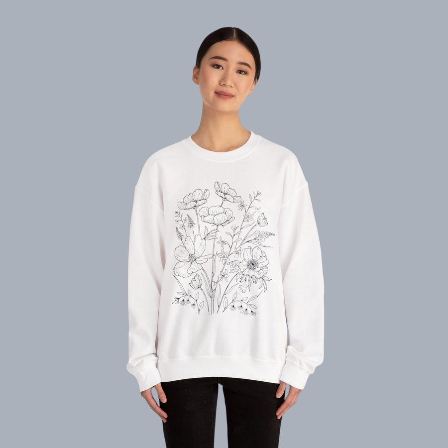 Floral Sketch Crewneck Sweatshirt — Delicate Wildflower Illustration