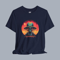 Vintage Science Fiction Alien T-Shirt — Retro Sunset UFO Skull Graphic Tee