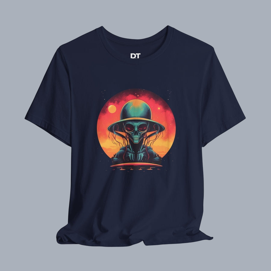 Vintage Science Fiction Alien T-Shirt — Retro Sunset UFO Skull Graphic Tee