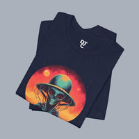 Vintage Science Fiction Alien T-Shirt — Retro Sunset UFO Skull Graphic Tee