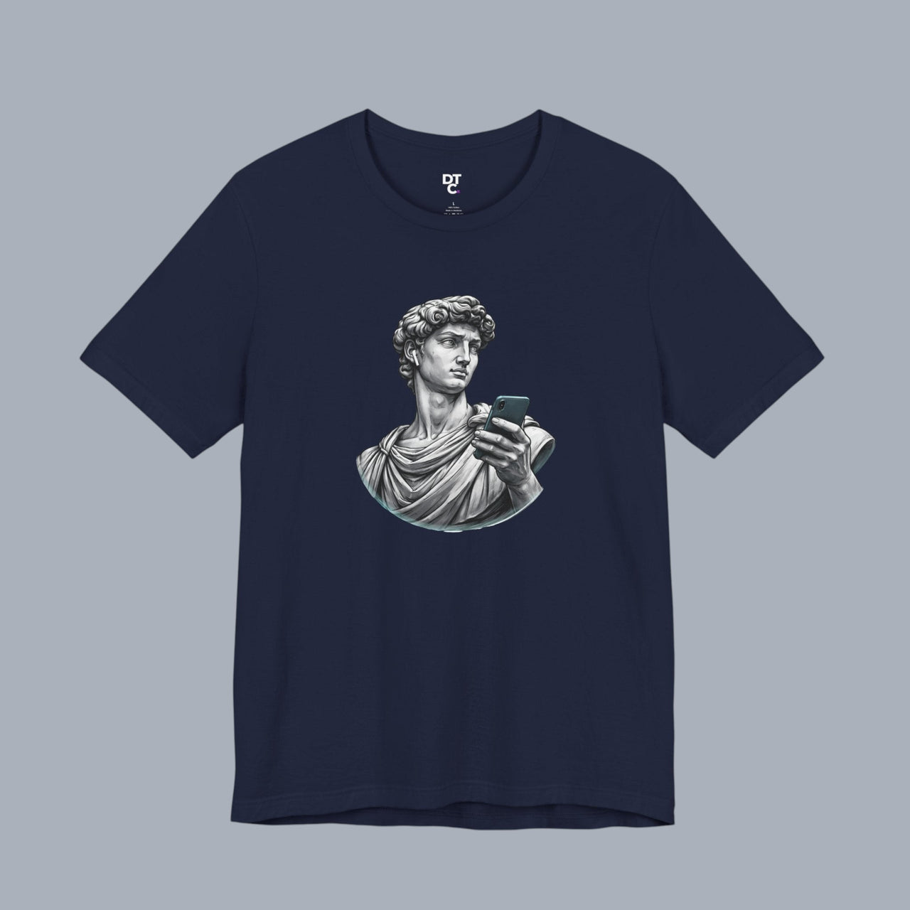 David Statue with AirPods Holding Phone T‑Shirt — Classical Art Meme Tee alternate view 17