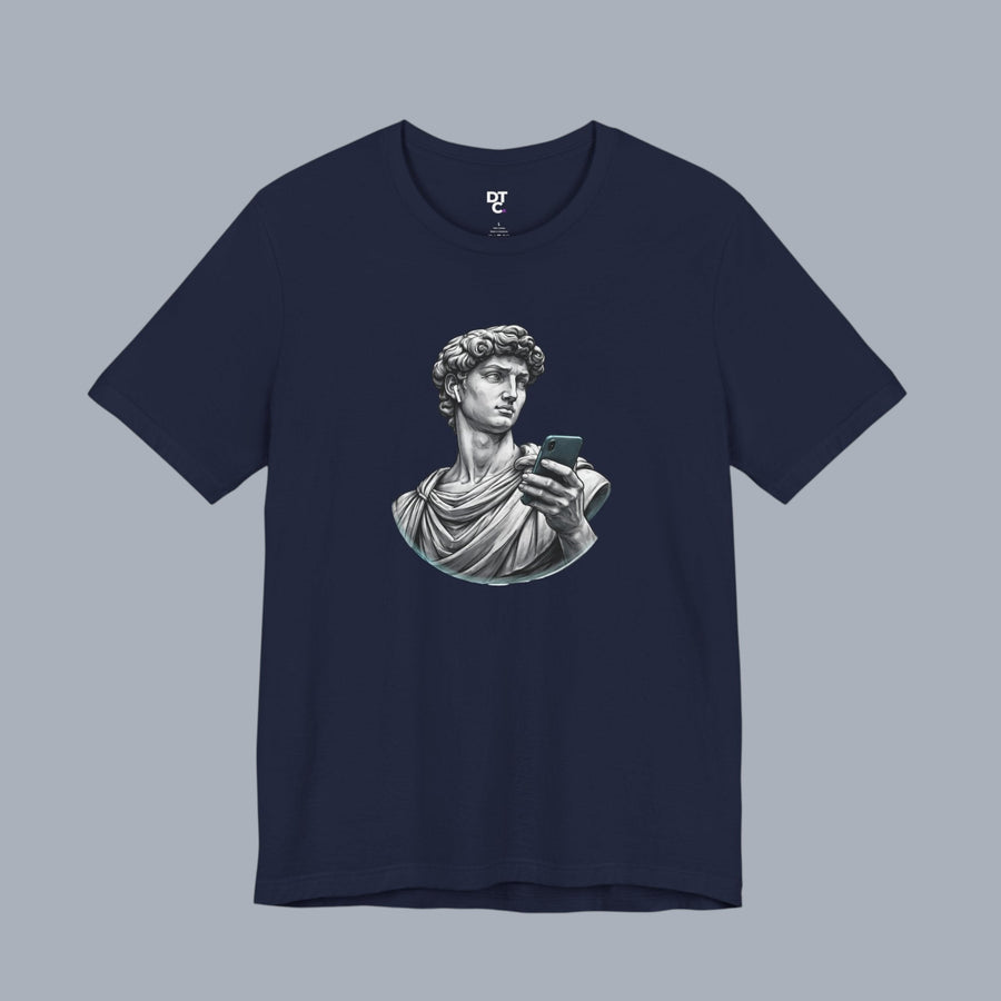 David Statue with AirPods Holding Phone T‑Shirt — Classical Art Meme Tee alternate view 17