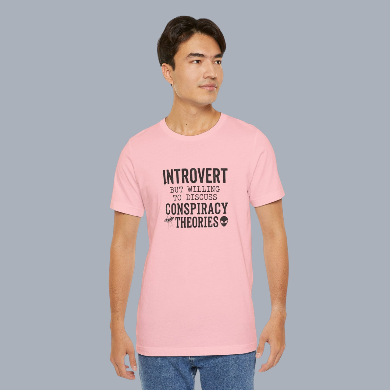 Introvert Tee — "Introvert But Willing to Discuss Conspiracy Theories" Funny Graphic T-Shirt
