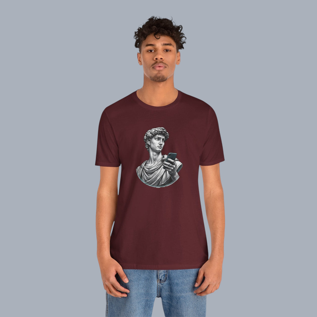 David Statue with AirPods Holding Phone T‑Shirt — Classical Art Meme Tee alternate view 20