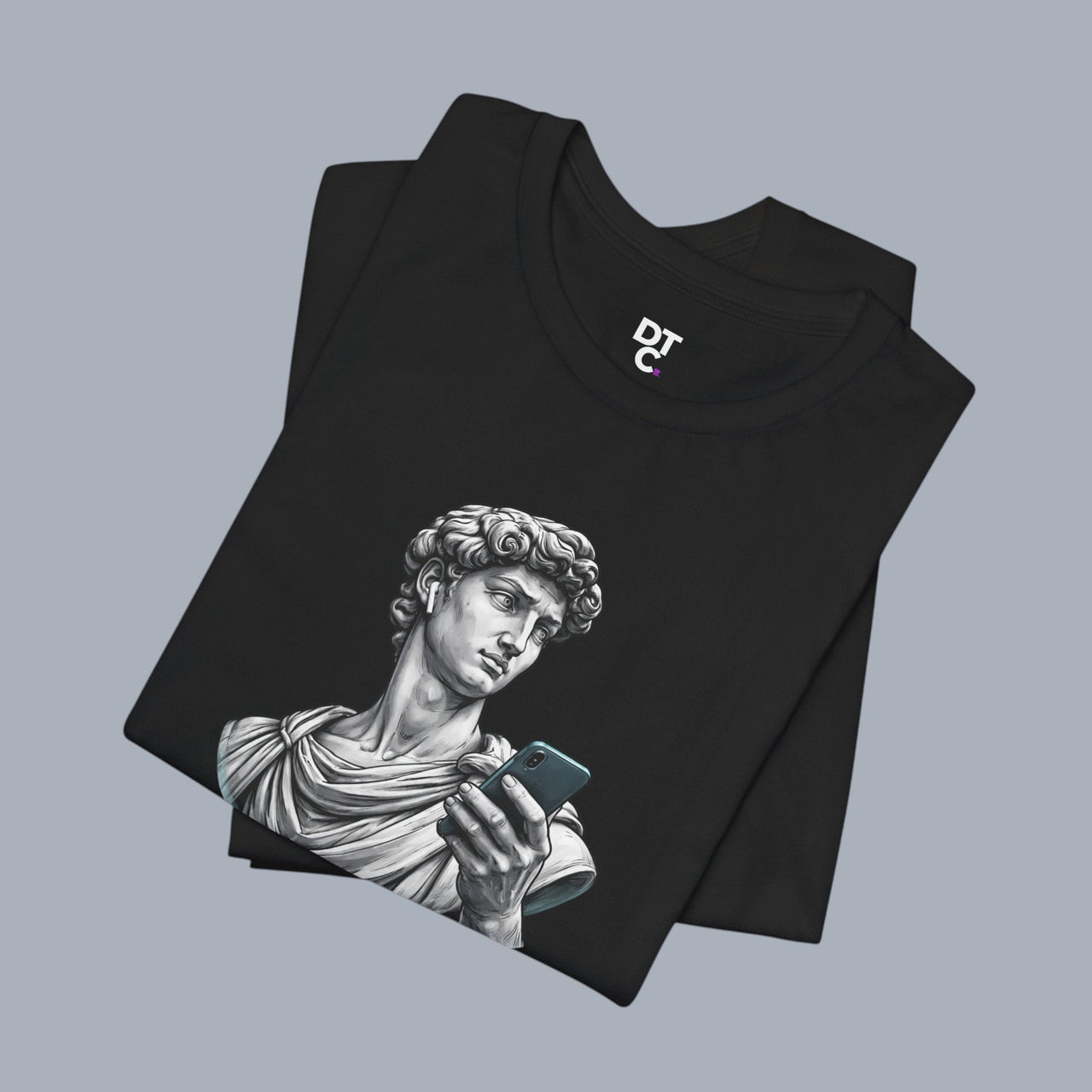 David Statue with AirPods Holding Phone T‑Shirt — Classical Art Meme Tee alternate view 14