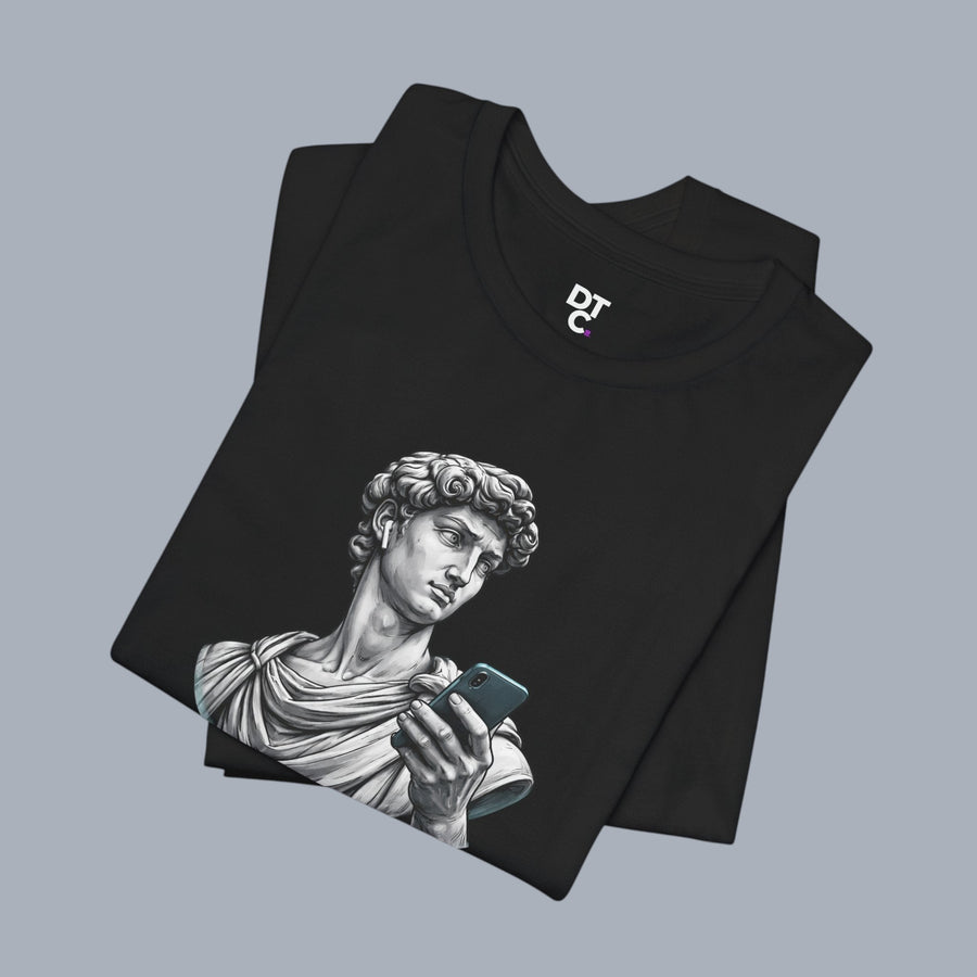 David Statue with AirPods Holding Phone T‑Shirt — Classical Art Meme Tee alternate view 14