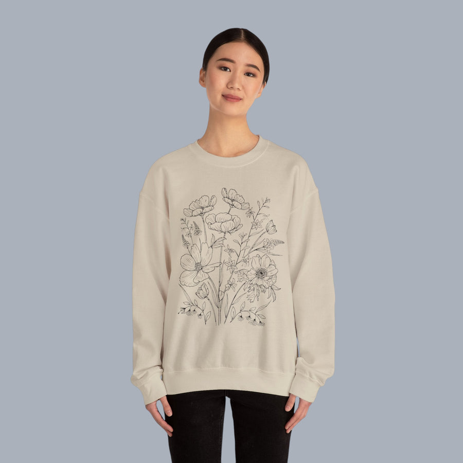 Floral Sketch Crewneck Sweatshirt — Delicate Wildflower Illustration