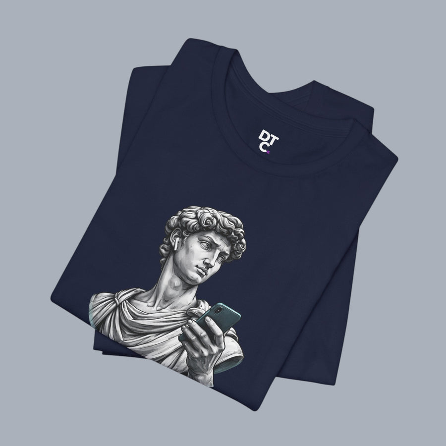 David Statue with AirPods Holding Phone T‑Shirt — Classical Art Meme Tee alternate view 18