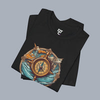 Nautical Compass Adventure T-Shirt — Vintage Ship Wheel & Ocean Waves Tee