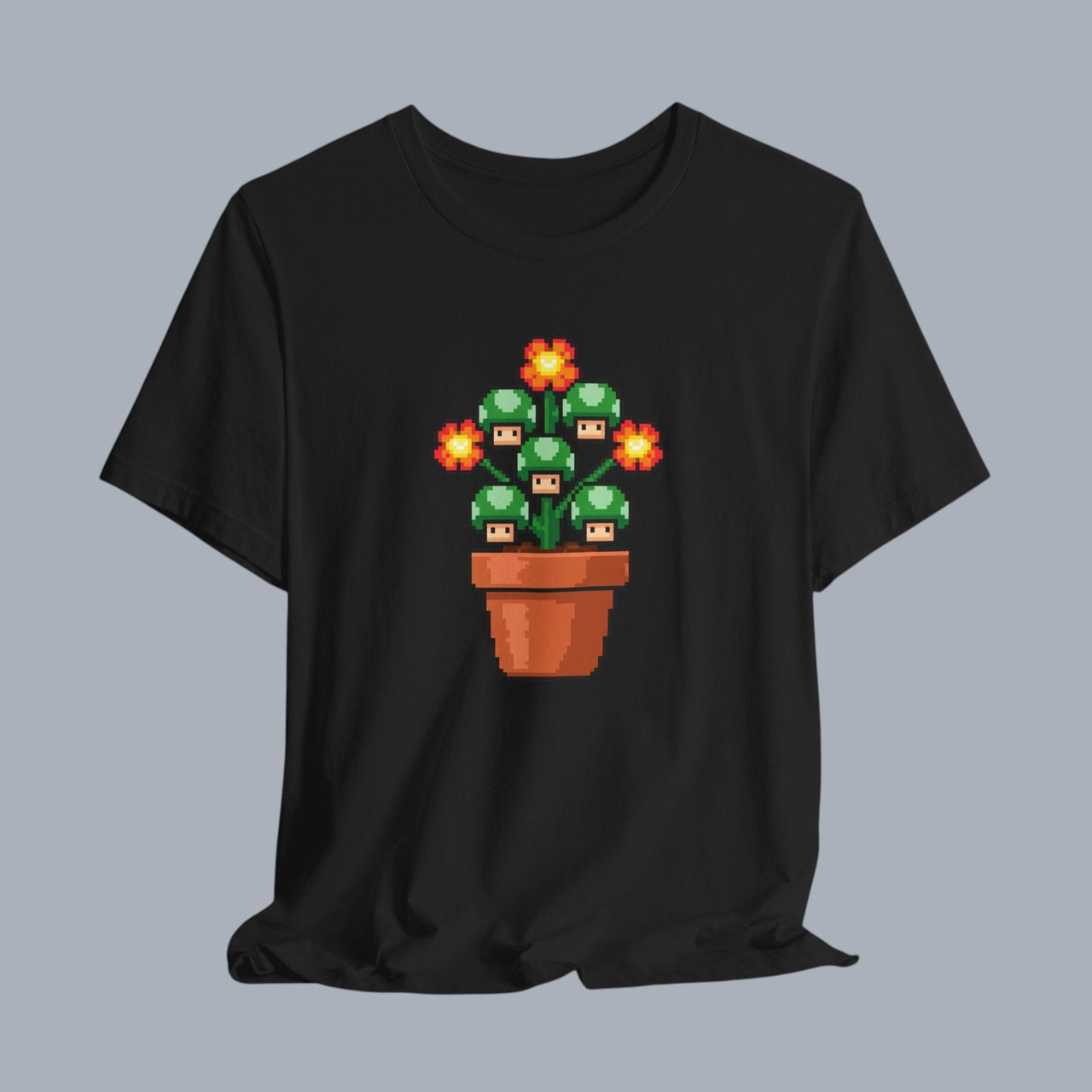[Mushroom plant in a pot graphic on a black t-shirt