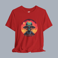 Vintage Science Fiction Alien T-Shirt — Retro Sunset UFO Skull Graphic Tee