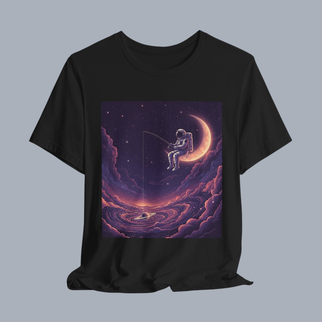 [Astronaut fishing in a cosmic scene with a crescent moon