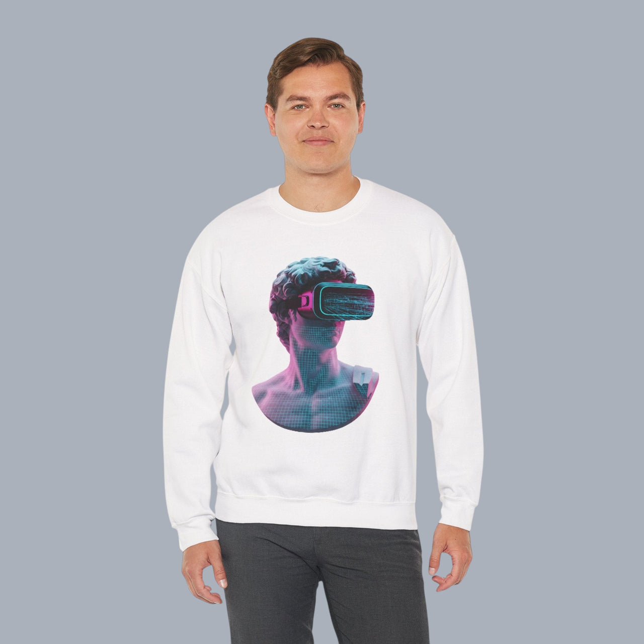 Retro Vaporwave Statue Crewneck Sweatshirt – VR Bust Graphic alternate view 9