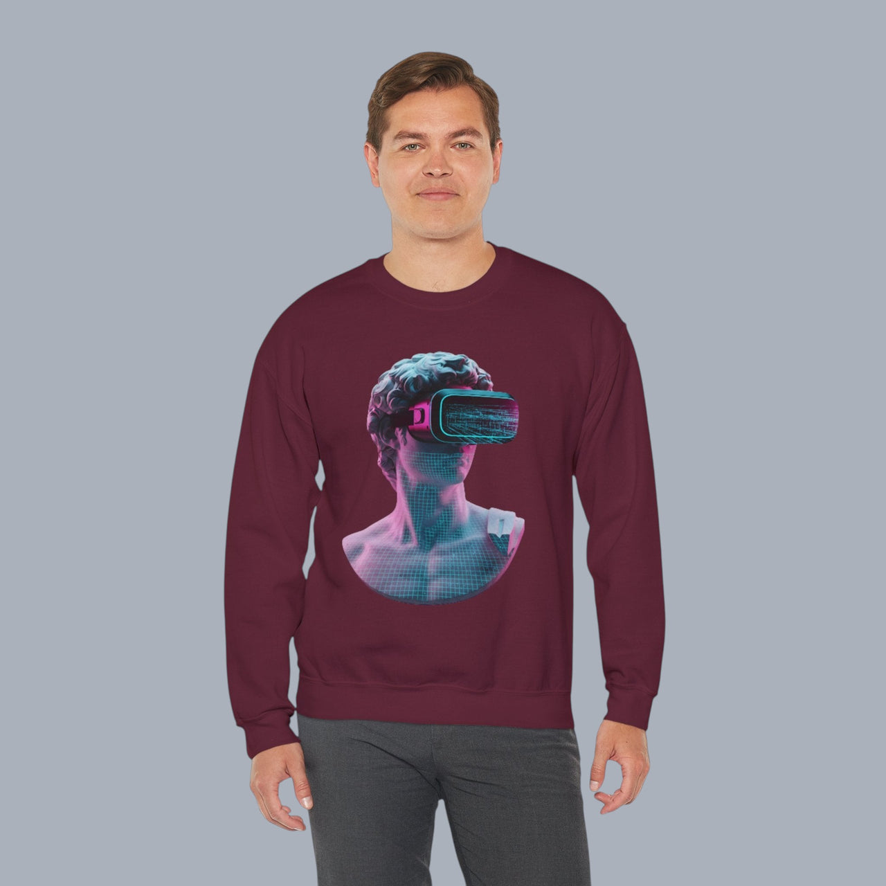 Retro Vaporwave Statue Crewneck Sweatshirt – VR Bust Graphic alternate view 17