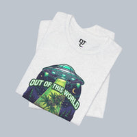 Out of This World UFO Tee — Alien Abduction Cannabis Plant Graphic T-Shirt