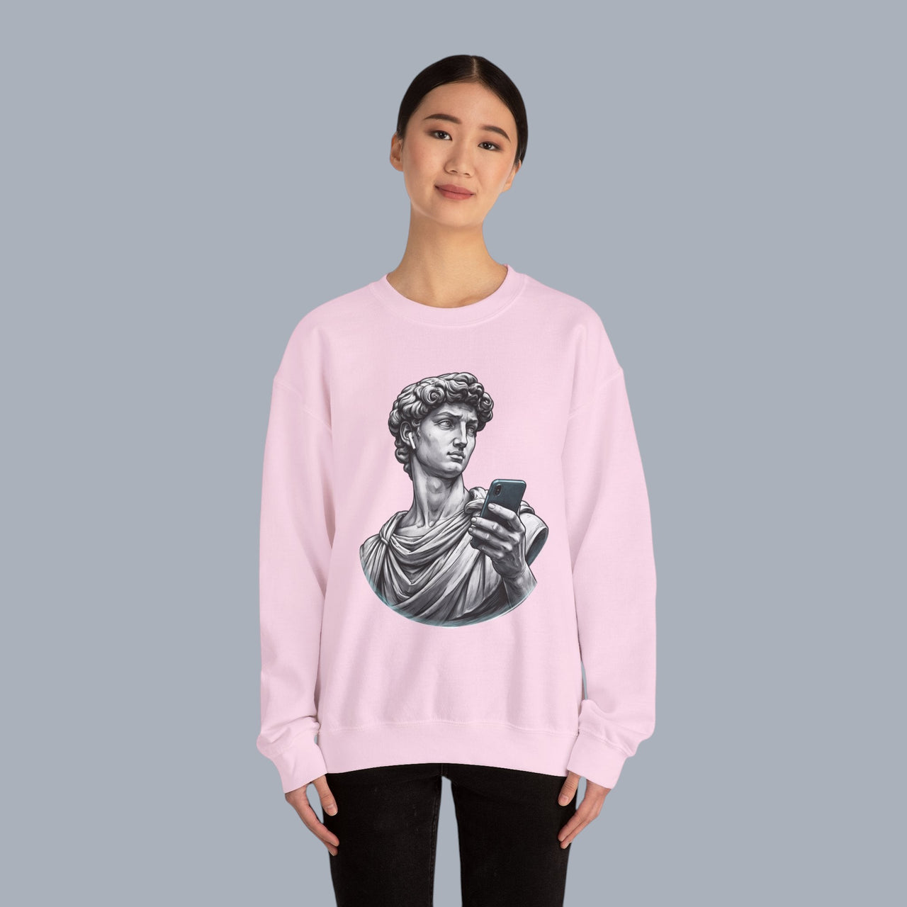 David Statue with AirPods Holding Phone Sweatshirt — Classical Art Meme Crewneck Sweatshirt alternate view 29