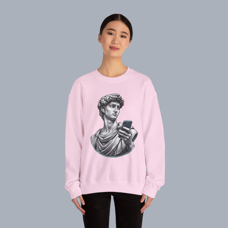 David Statue with AirPods Holding Phone Sweatshirt — Classical Art Meme Crewneck Sweatshirt alternate view 29