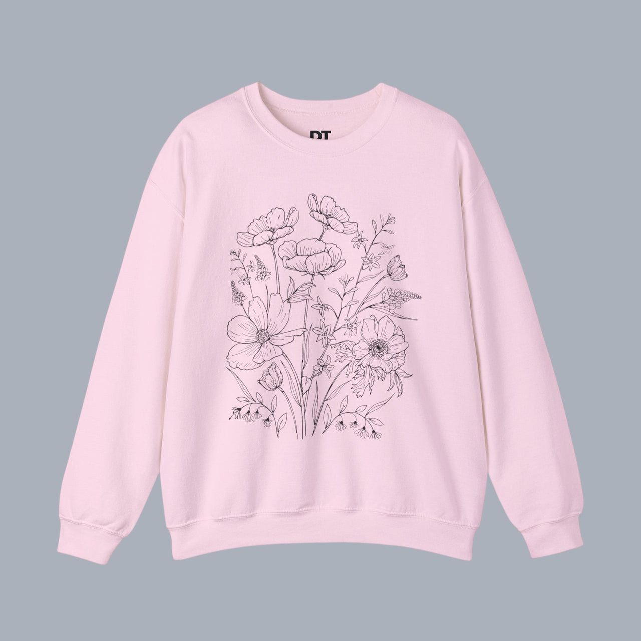 [Light pink crewneck sweatshirt with wildflower illustration