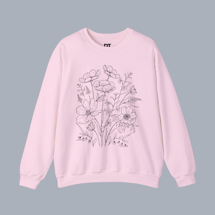 [Light pink crewneck sweatshirt with wildflower illustration