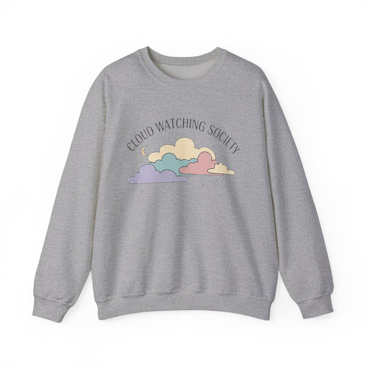 [Gray sweatshirt with pastel cloud design and "Cloud Watching Society" text