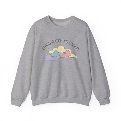 [Gray sweatshirt with pastel cloud design and "Cloud Watching Society" text