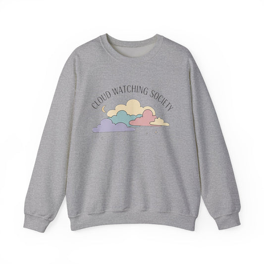 [Gray sweatshirt with pastel cloud design and "Cloud Watching Society" text