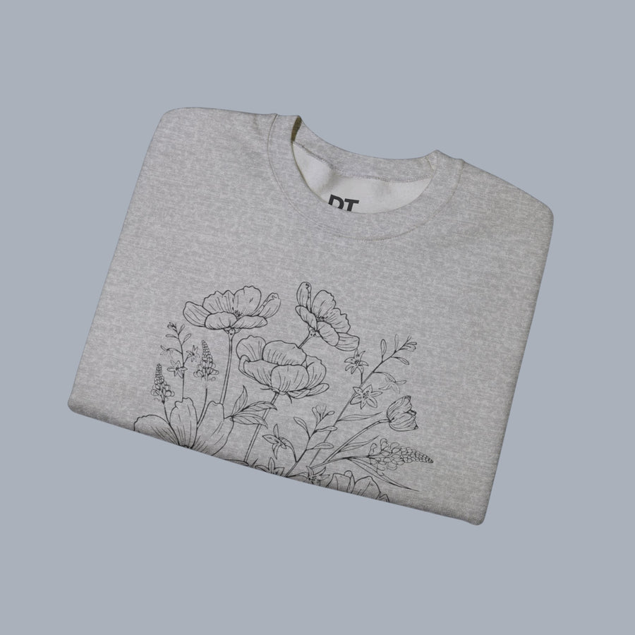 Floral Sketch Crewneck Sweatshirt — Delicate Wildflower Illustration