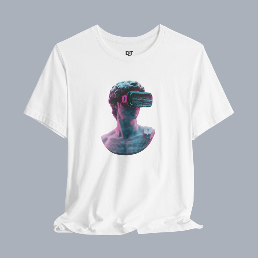Retro Vaporwave Statue VR T‑Shirt — Neon Aesthetic Gaming Tee alternate view 3