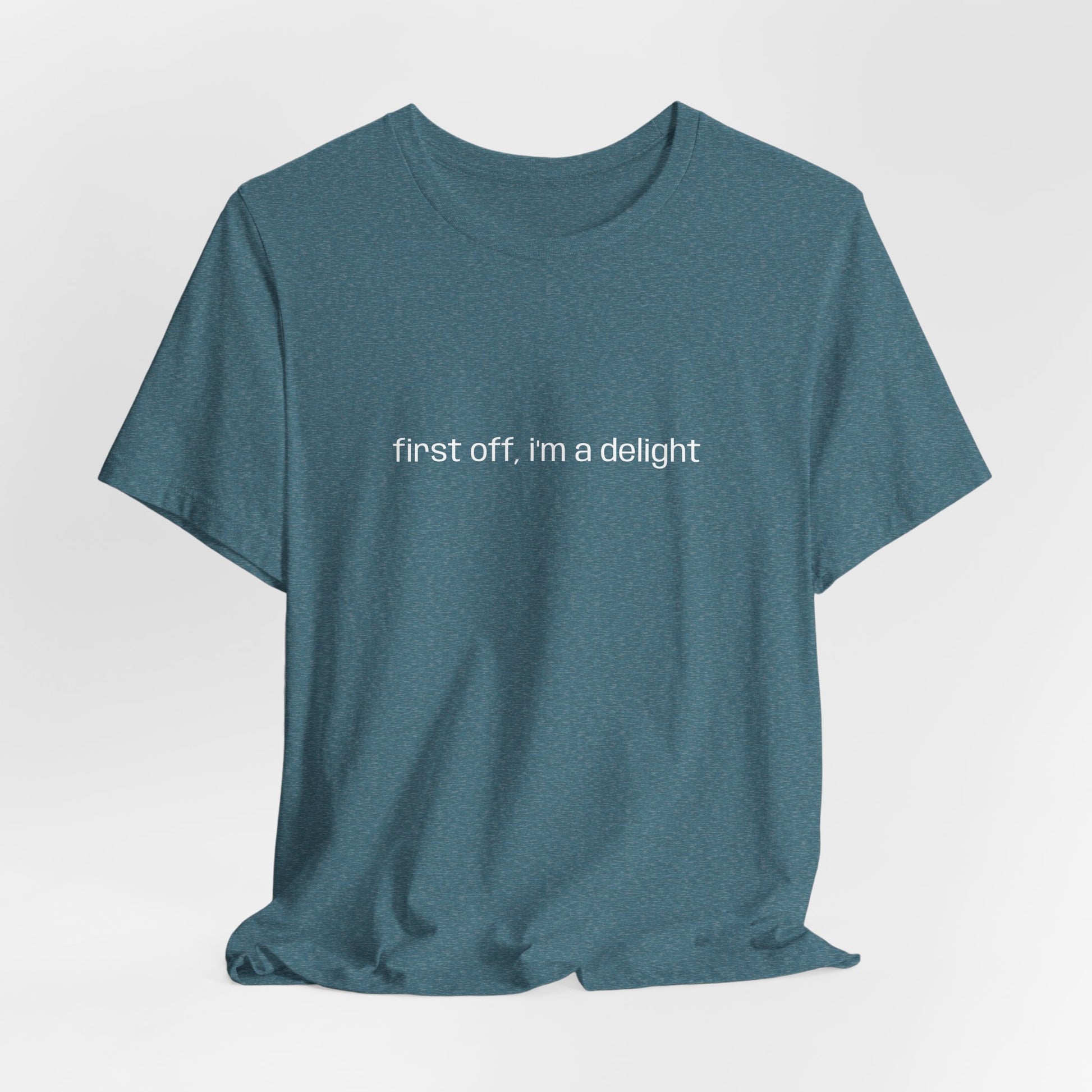 [Ensemble view of teal t-shirt with white text saying "first off, i'm a delight"