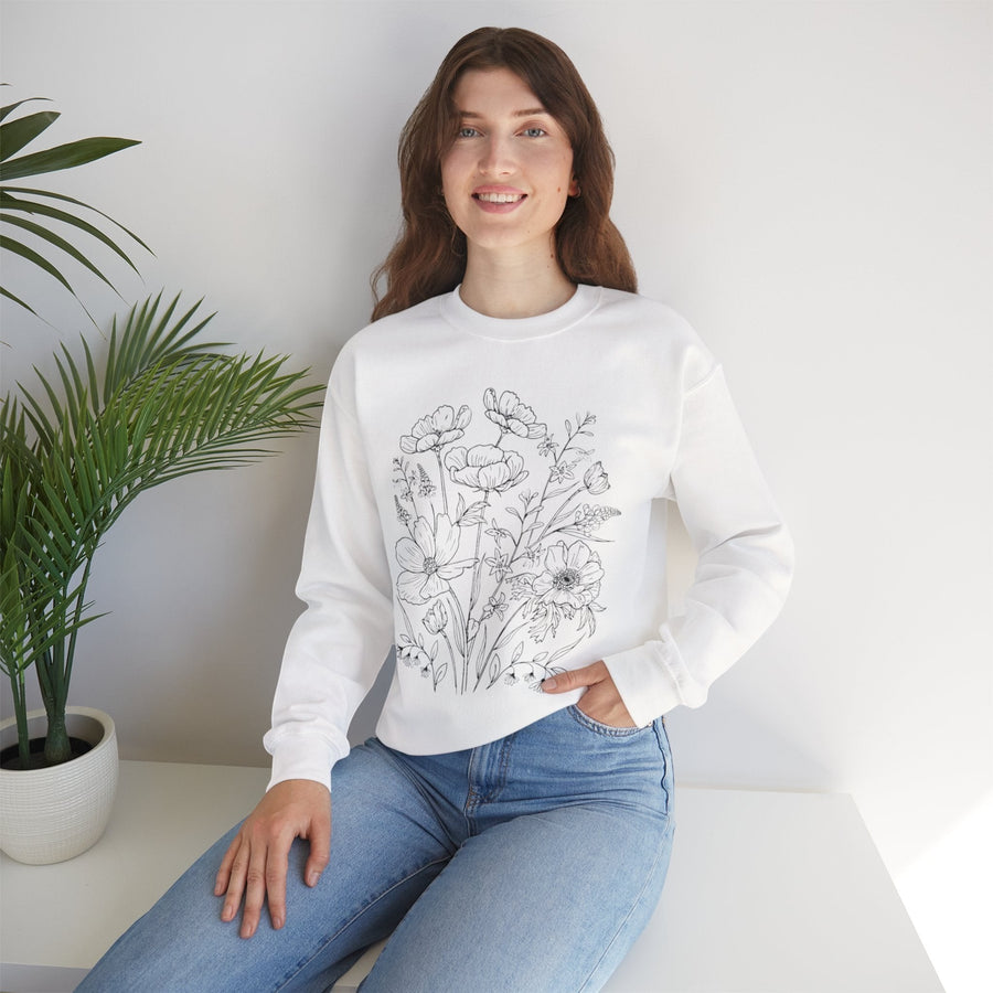 Floral Sketch Crewneck Sweatshirt — Delicate Wildflower Illustration