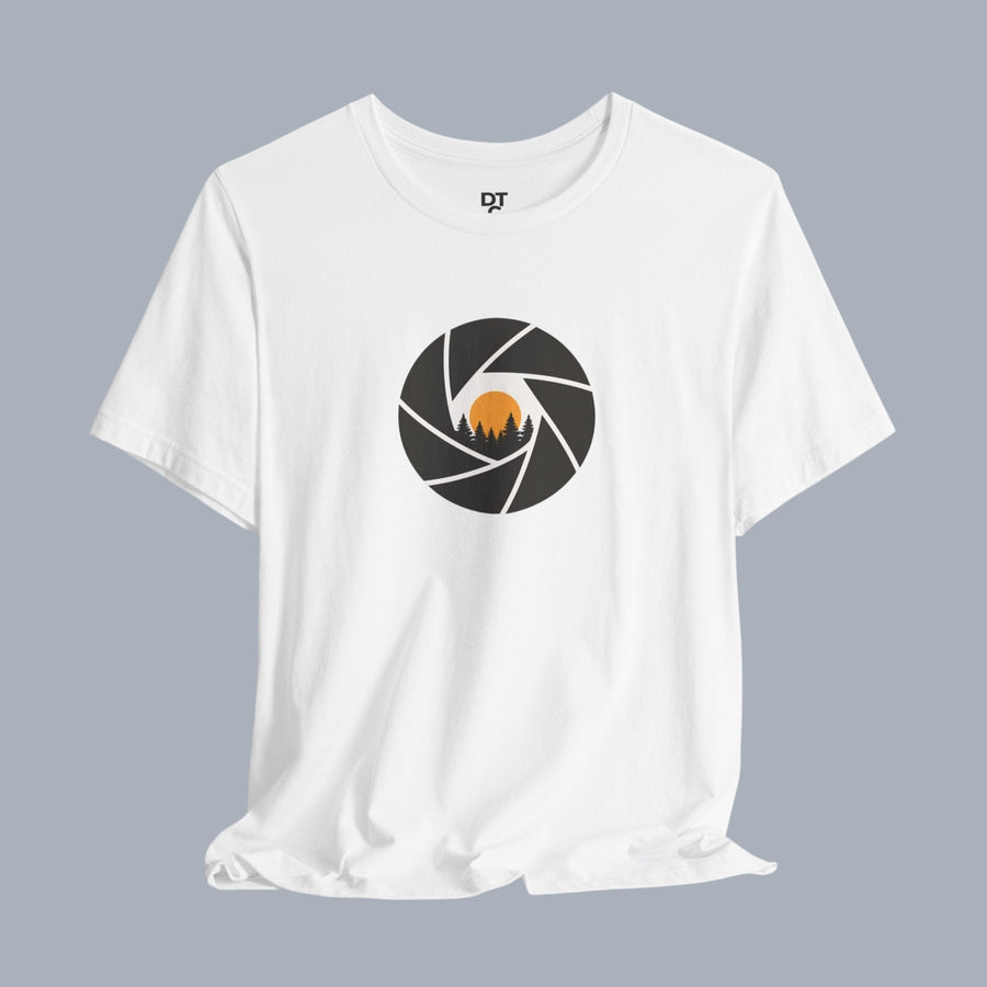 Camera Aperture Mountain T-Shirt — Photography & Outdoor Adventure Tee product photo