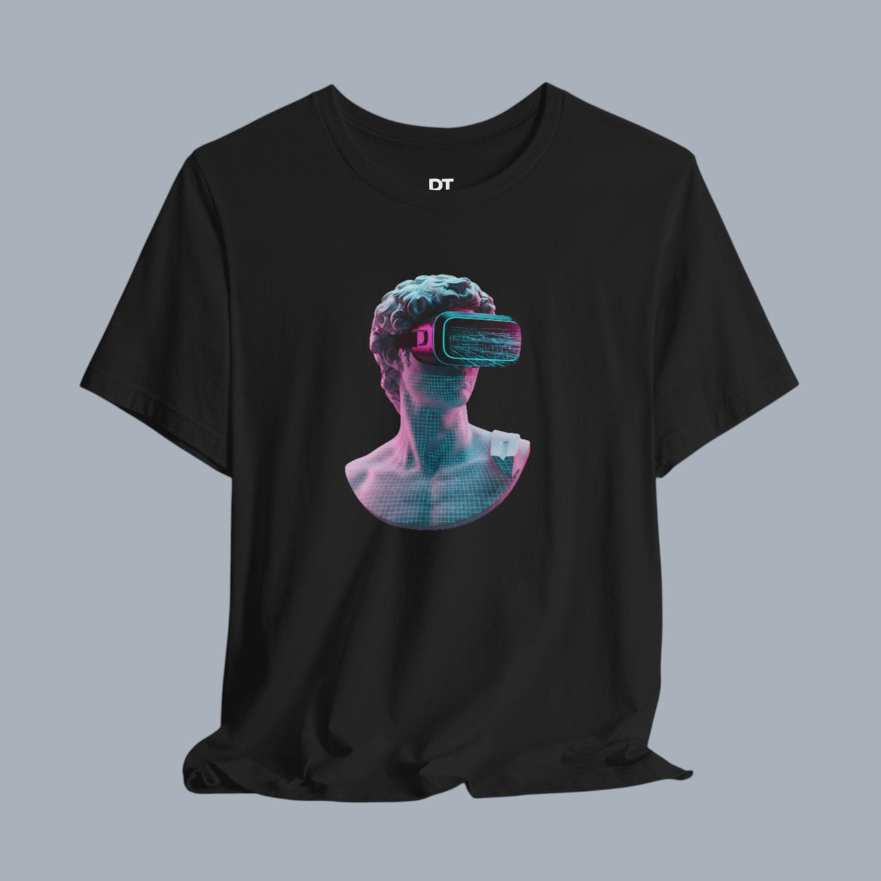Retro Vaporwave Statue VR T‑Shirt — Neon Aesthetic Gaming Tee product photo